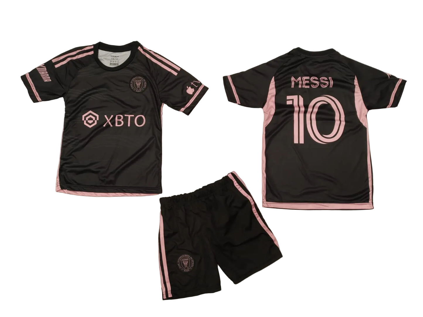 Детски футболен екип на Меси, черен - розов спортен екип, тениска и шорти, 6г Момче