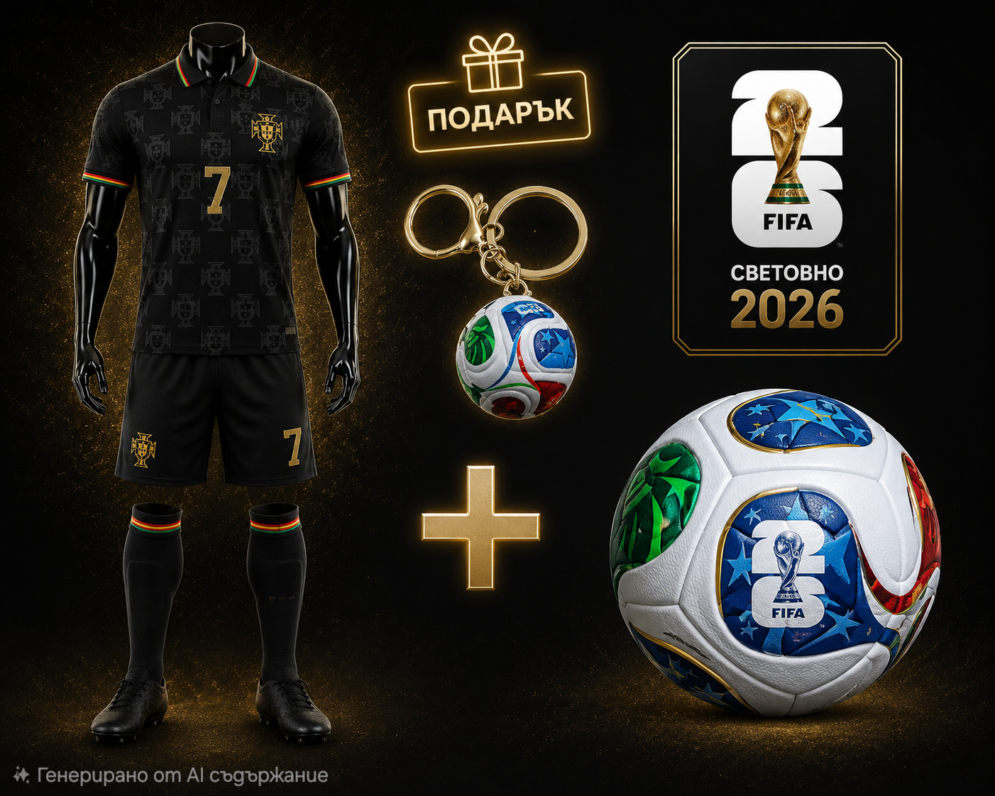 WORLD CUP CR7 Black Детски Екип Роналдо Топка Световно + Подарък Ключодържател