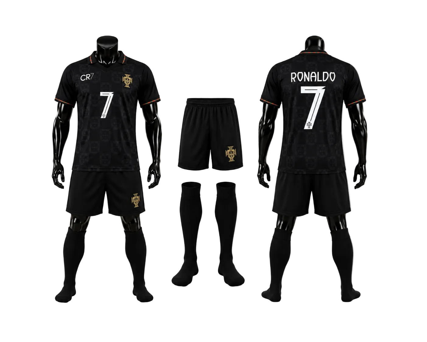 2026 BLack White Детски спортен екип на CR7 Роналдо 7 с Калци, ПОРТУГАЛИЯ Черен RONALDO