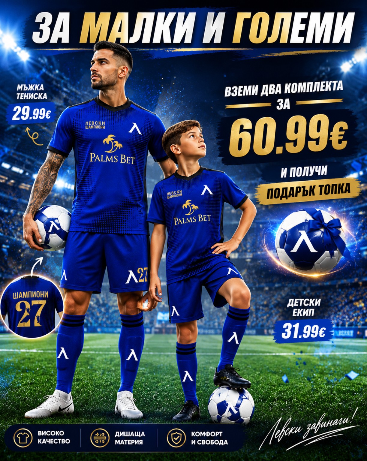 LEVSKI Сет Комплект GOLD 27 Левски София детско + мъжко Роналдо за малки и големи