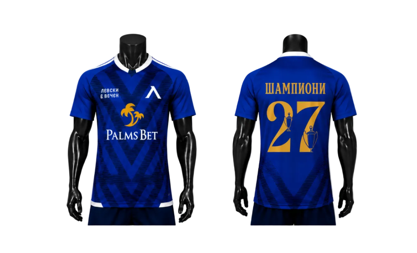 Шампиони 2027 Мъжка Тениска на ЛЕВСКИ София ПАЛМС, футболен LEVSKI GOLD New season