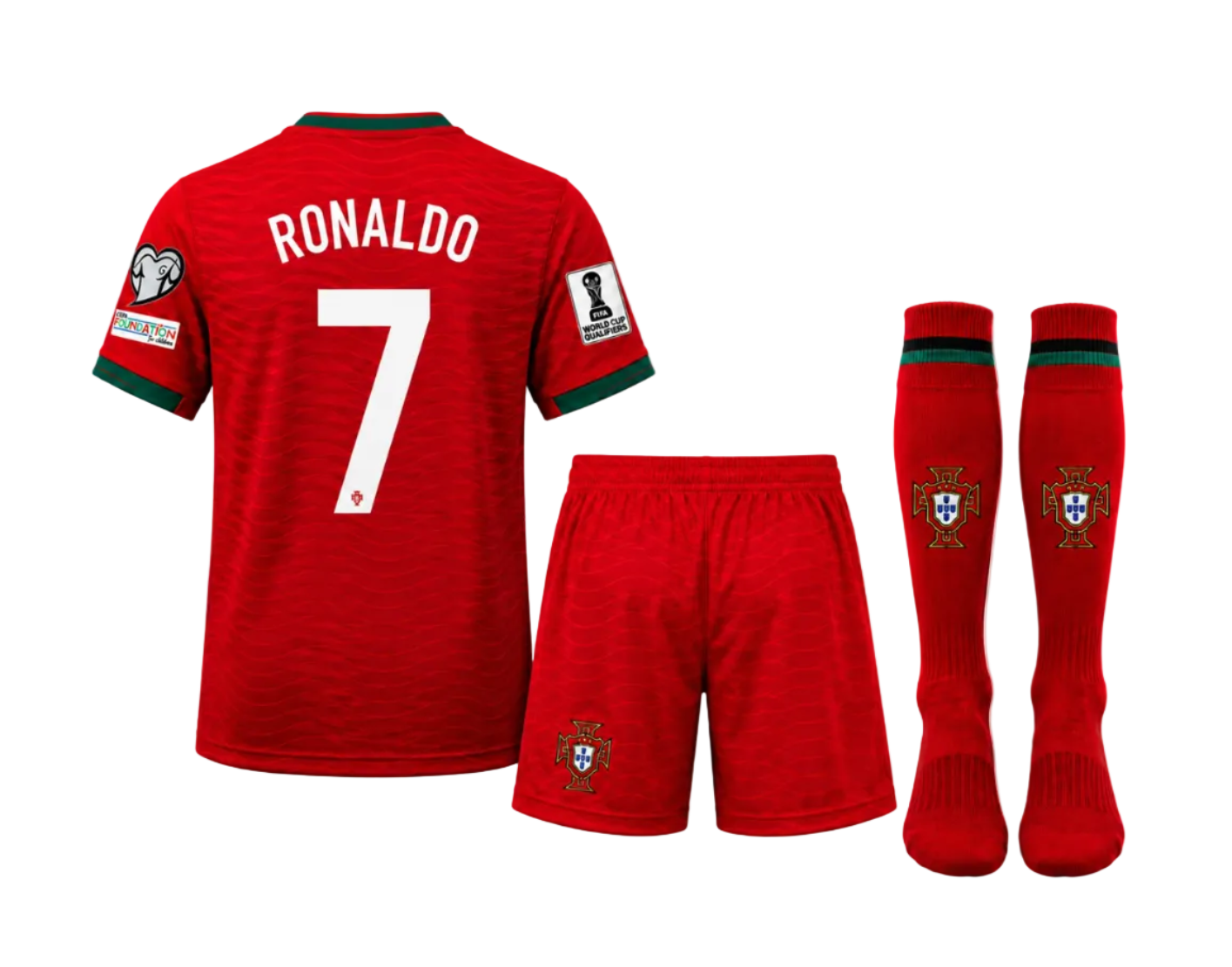 RED Edition Роналдо Световно 26 Детски спортен Червен екип с Чорапи на CR7 PORTUGALIA