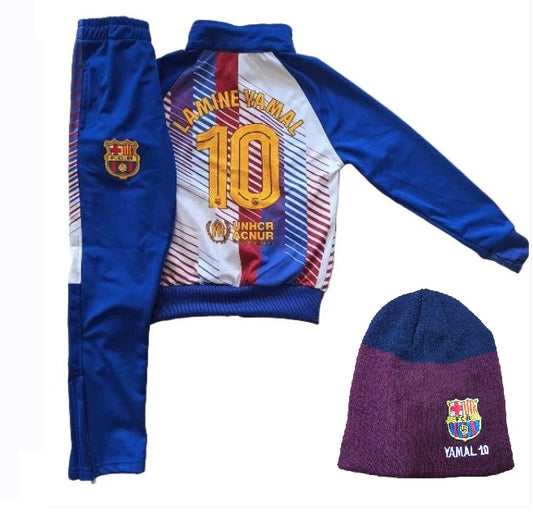 Детски Сет Шапка + Анцуг на Ламин Ямал 10 Барселона с дълъг ръкав Син Бял