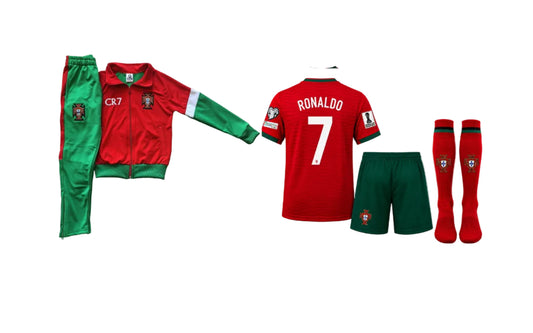 2027 Детски спортен Екип на Ronaldo + Анцуг Червен Porutgalia Комплект CR7