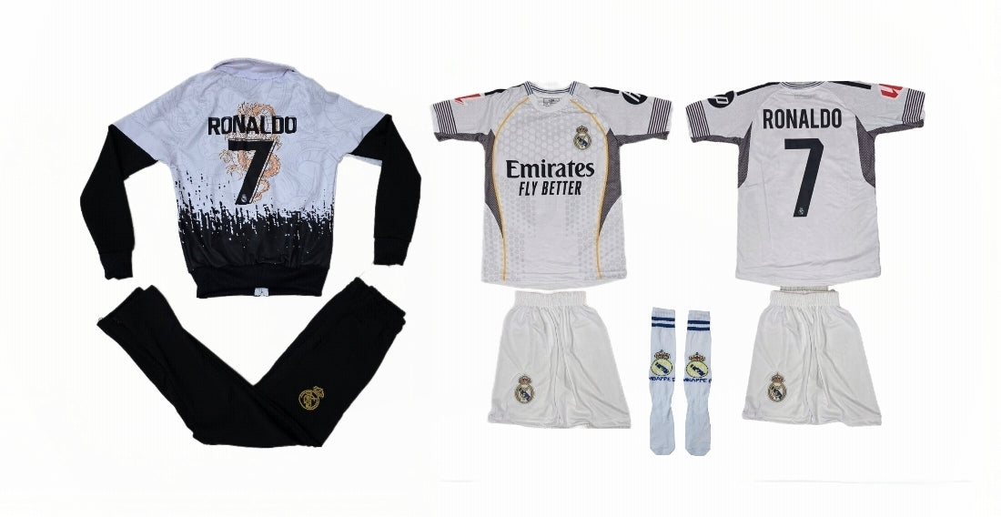 2026 Детски футболен екип на Роналдо, Бял Реал Мадрид Спортен суитчър и анцуг RONALDO CR7