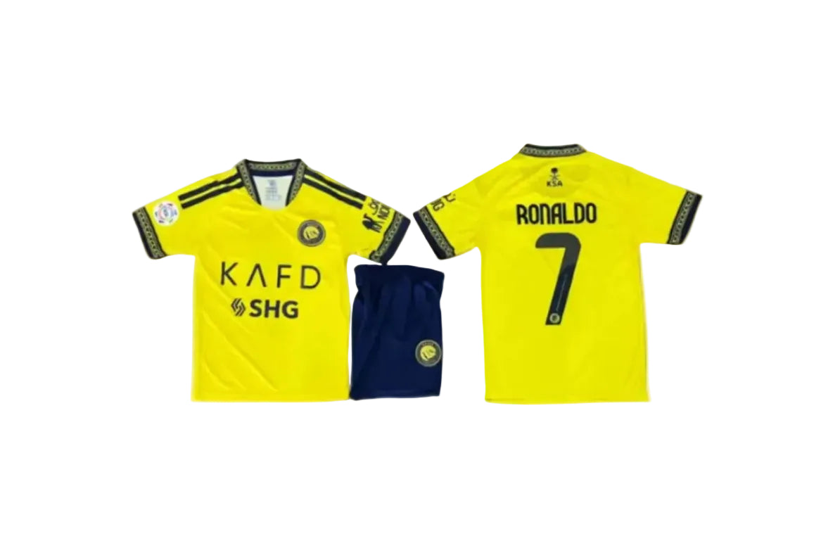 2027 CR7 Детски футболен екип на Роналдо 7, жълт с шорти RONALDO Al Nassr Кристиано 26/27