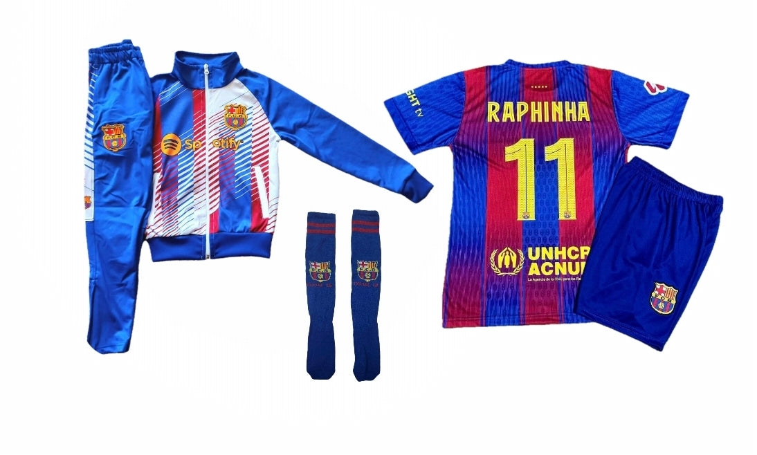 2026 Детски спортен Екип на Рафиня 11 с Бял Анцуг Барселона Комплект Raphinha