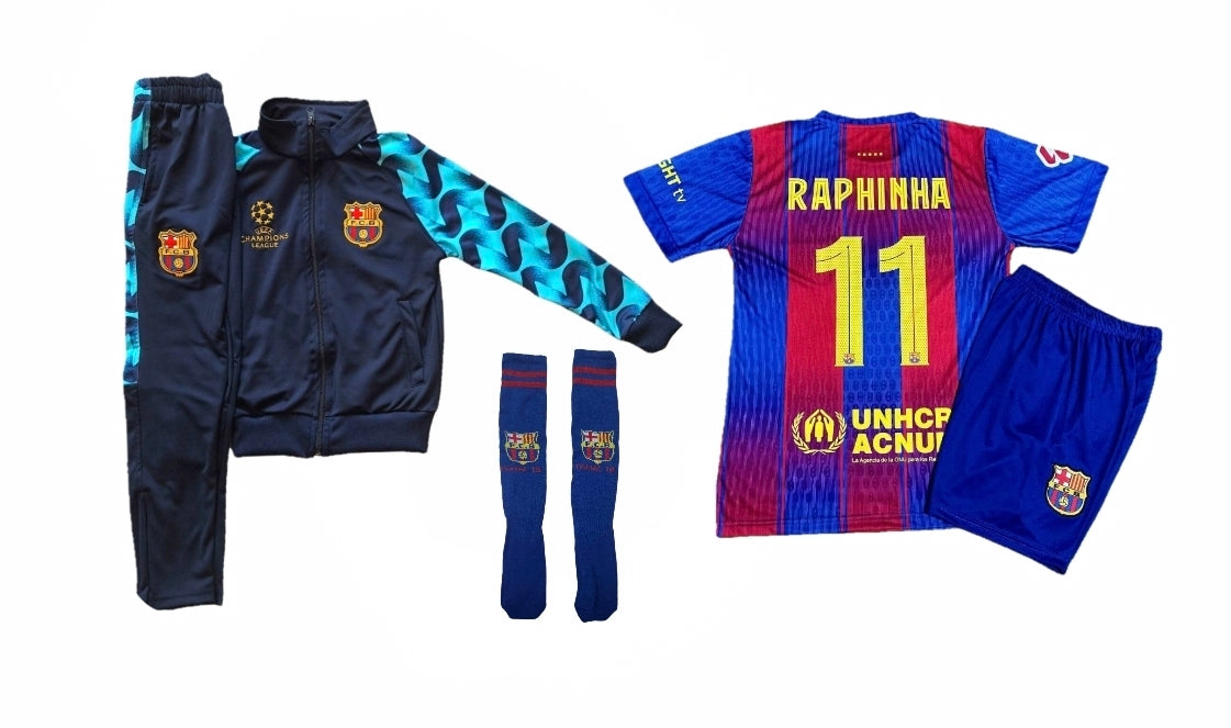 2026 Детски спортен Екип на Рафиня 11 с Черен Анцуг Барселона Комплект Raphinha