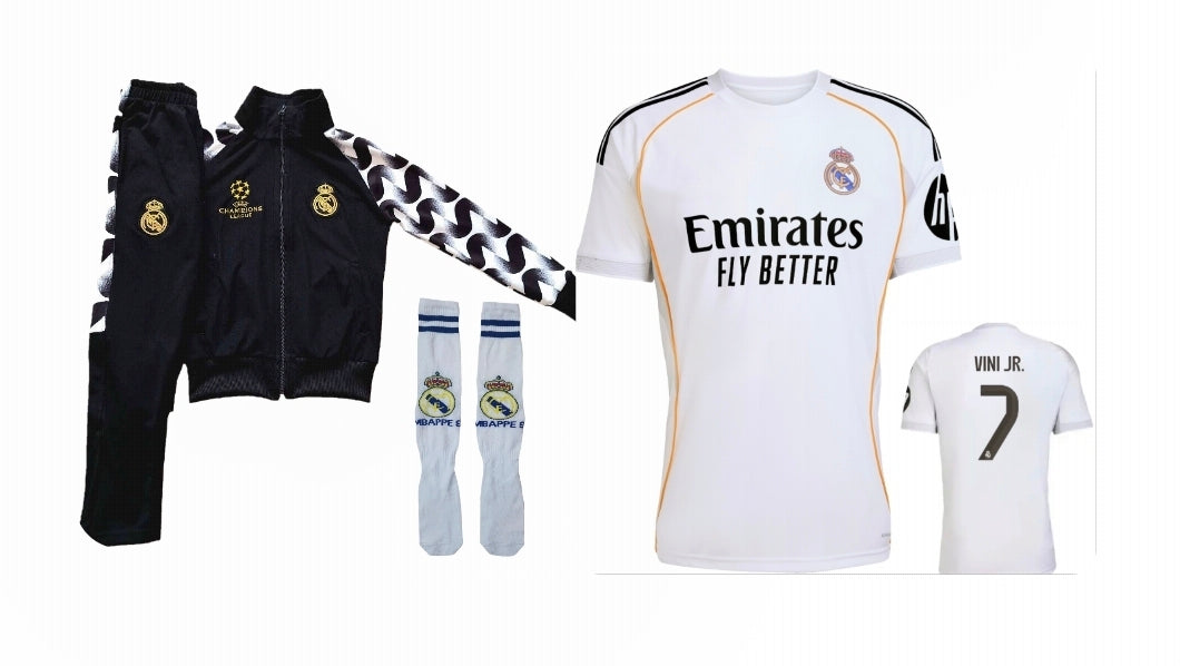 2026 VINI Jr 7 Детски футболен Екип на Винисиус, MADRID Бял СЕТ Комплект