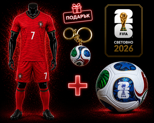 WORLD CUP CR7 Червен Детски Екип Роналдо с Топка Световно + Подарък Ключодържател Португалия