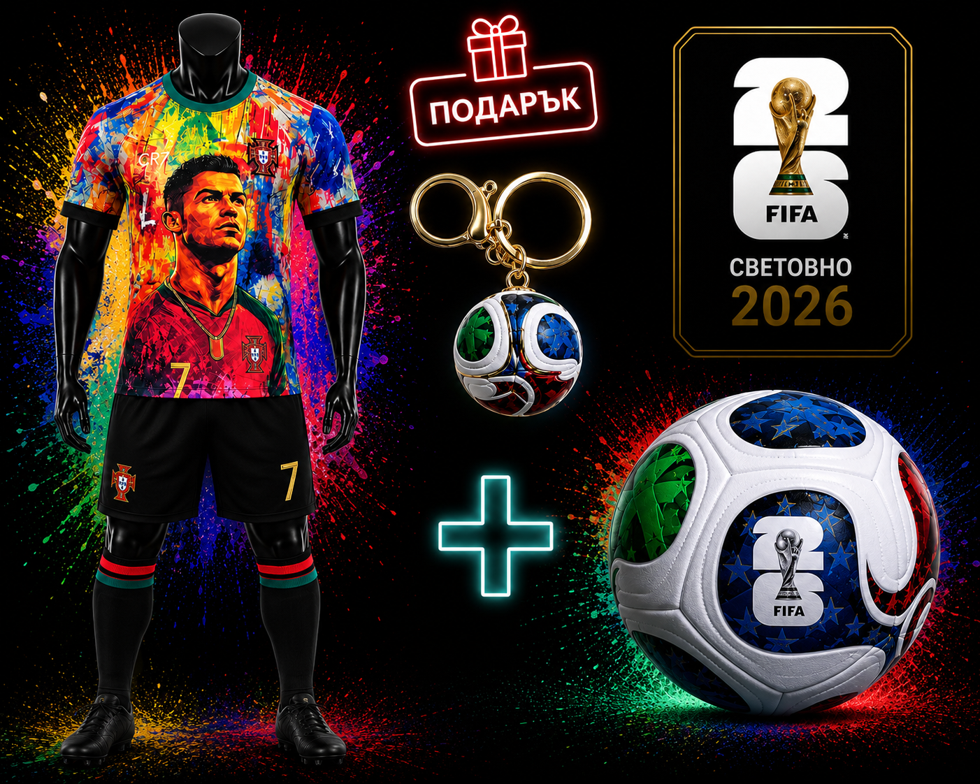 WORLD CUP CR7 Шарен Португалия Детски Екип Роналдо с Топка Световно + Подарък Ключодържател