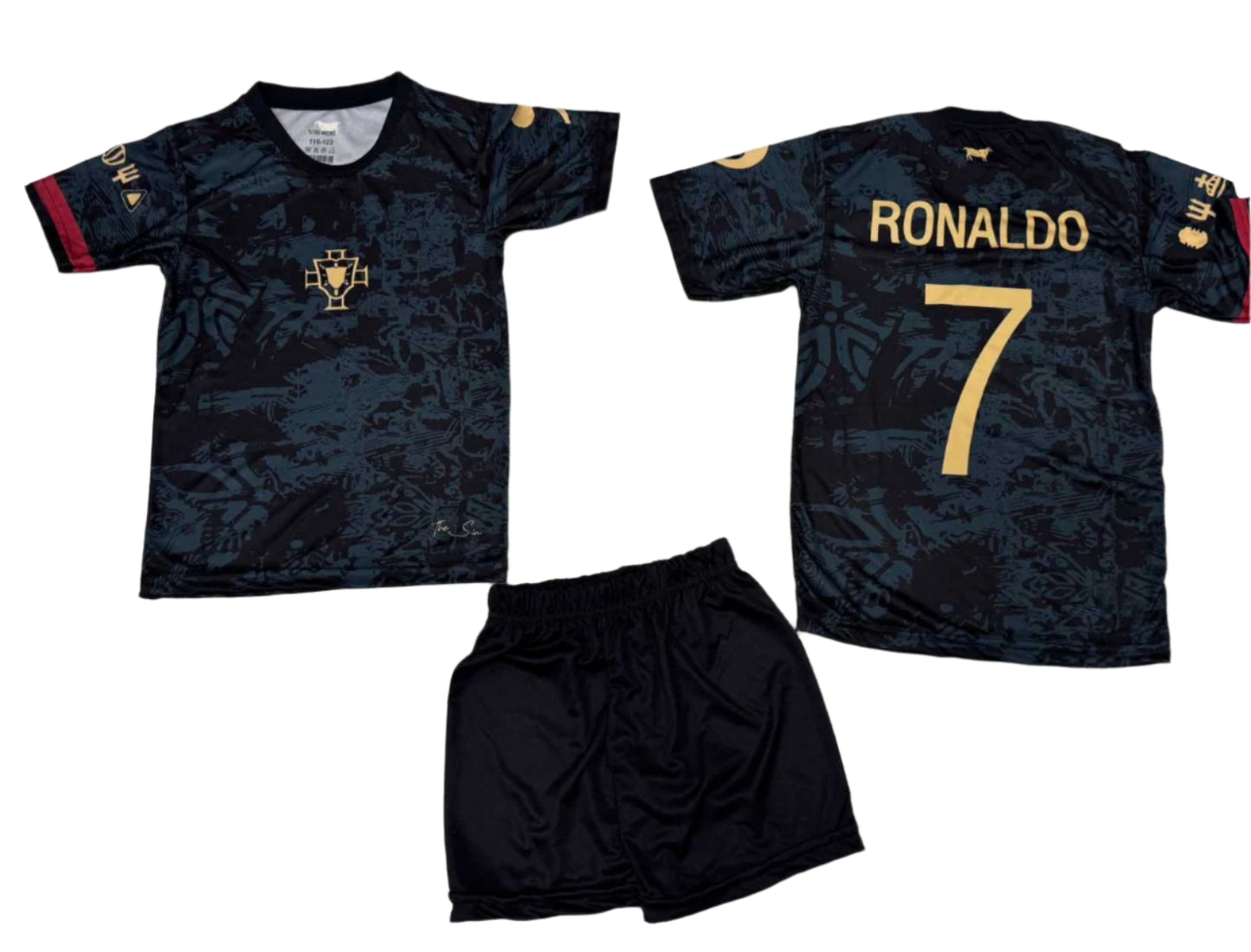2026 Детски спортен екип на CR7 Роналдо 7 с чорапи, ПОРТУГАЛИЯ Черен RONALDO