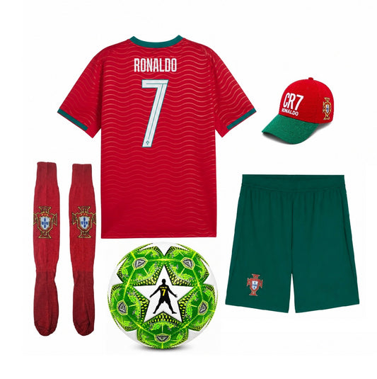 CR7 Детски Екип Роналдо, Португалия WORLD Зелен + Шапка + Топка | Комплект 2026
