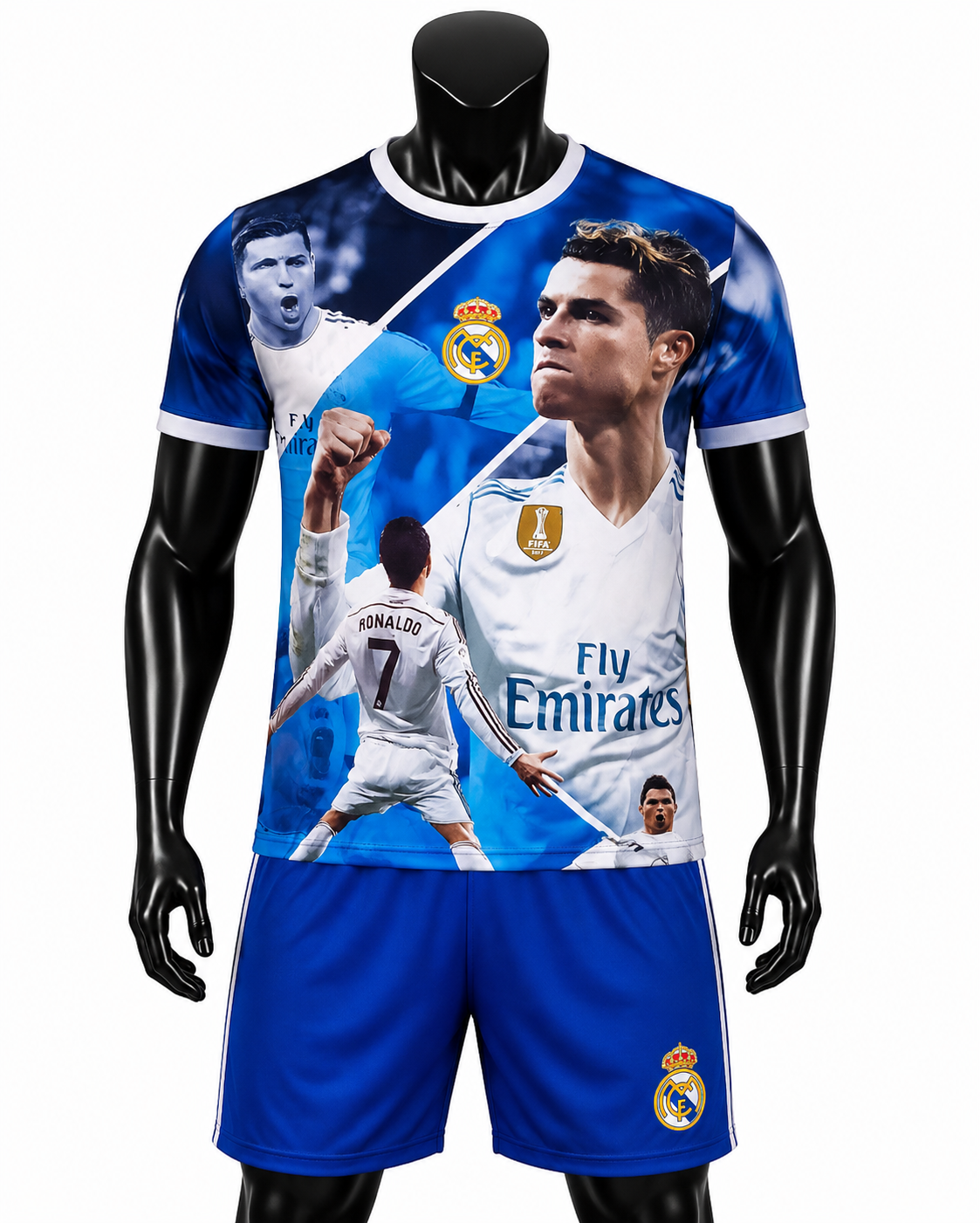26г CR7 Детски футболен спортен екип Роналдо с Чорапи Син с лицето Cr7 Реал Мадрид