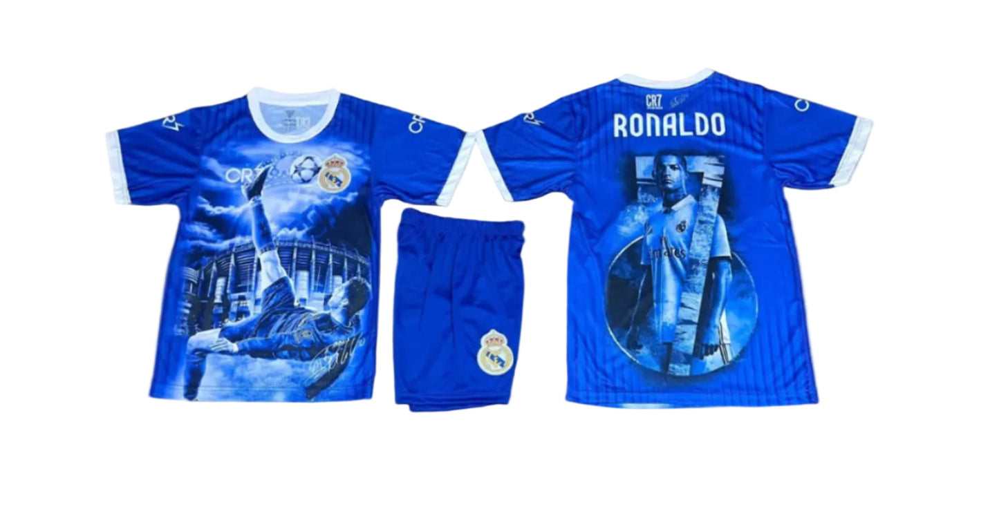 26г CR7 Детски футболен спортен екип Роналдо с Чорапи Син Реал Мадрид Задна ножица