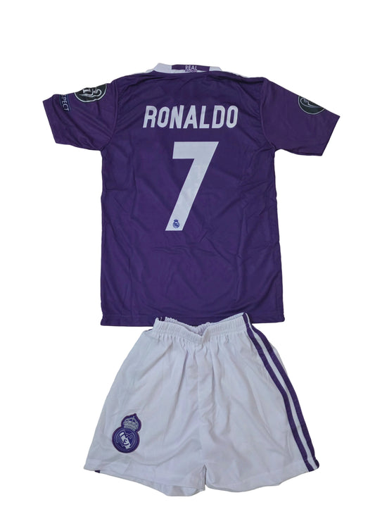 Лилав Юбилеен CR7 Детски футболен екип Роналдо с Чорапи на  Реал Мадрид + Бадж