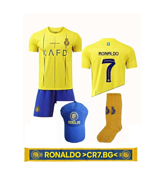 Детски спортен Комплект на Роналдо 7, с чорапи, шалче и шапка RONALDO AL NASSR жълт 2024