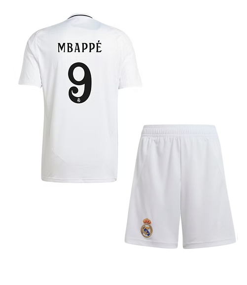 2025 Детски футболен екип с шорти Мбапе 9 Mbappe9, Бял, Реал Мадрид