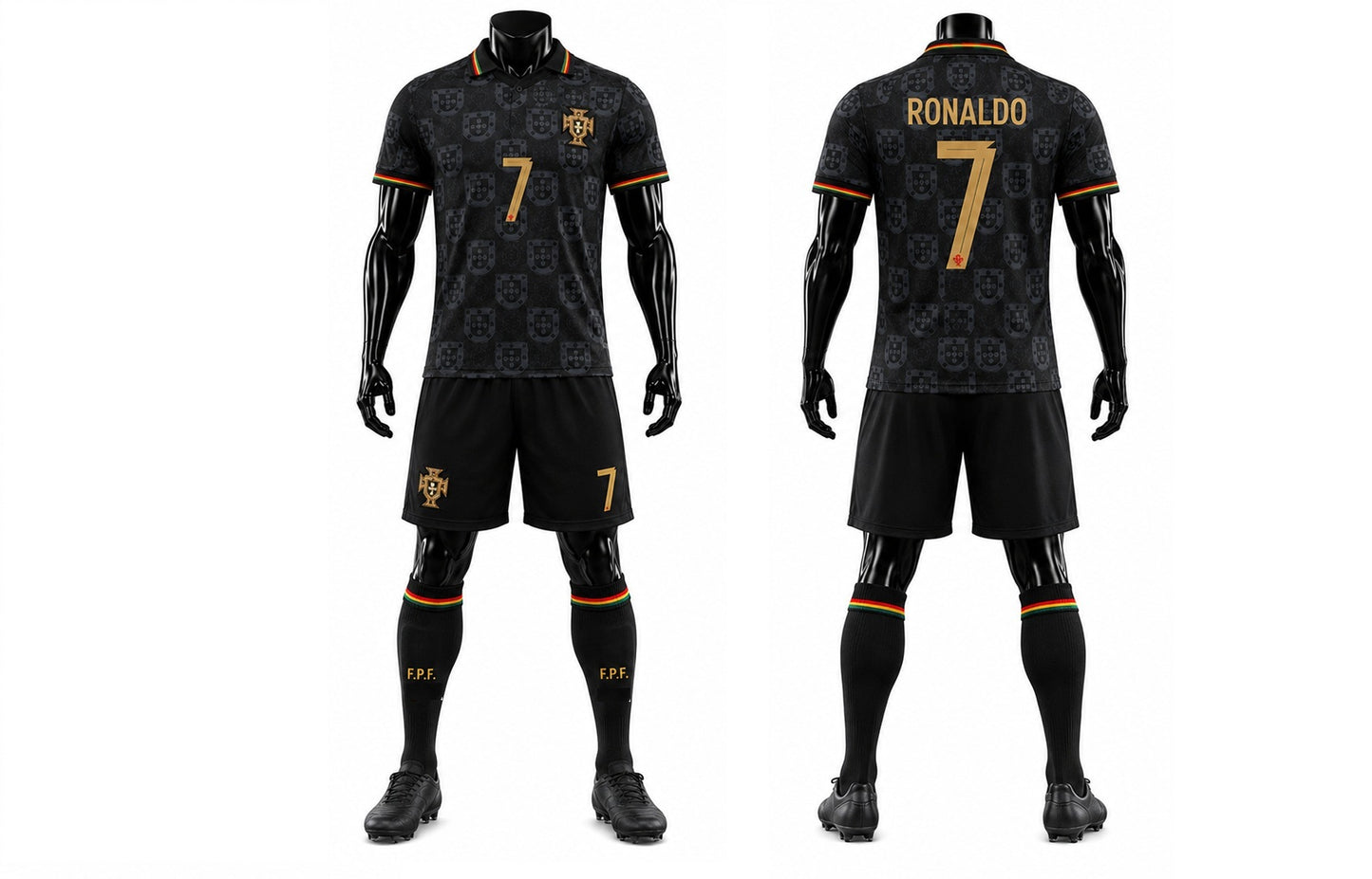 New Детски спортен екип на CR7 Роналдо 7 Световно с чорапи, ПОРТУГАЛИЯ Black  + Подарък Гривна