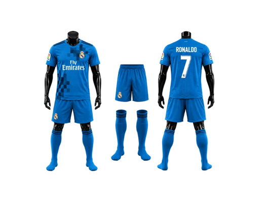 New Детски Футболен спортен екип с шорти на Роналдо 7, RONALDO Real Madrid  Blue + Подарък ГРИВНА