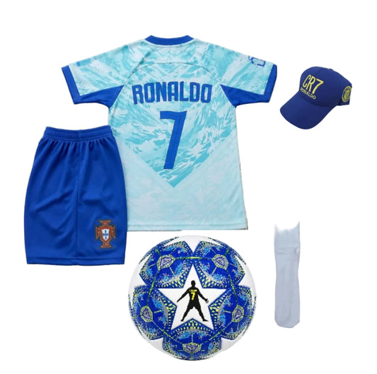 CR7 Детски Екип Роналдо, Португалия Резервен Син + Шапка + Топка | Комплект 2026