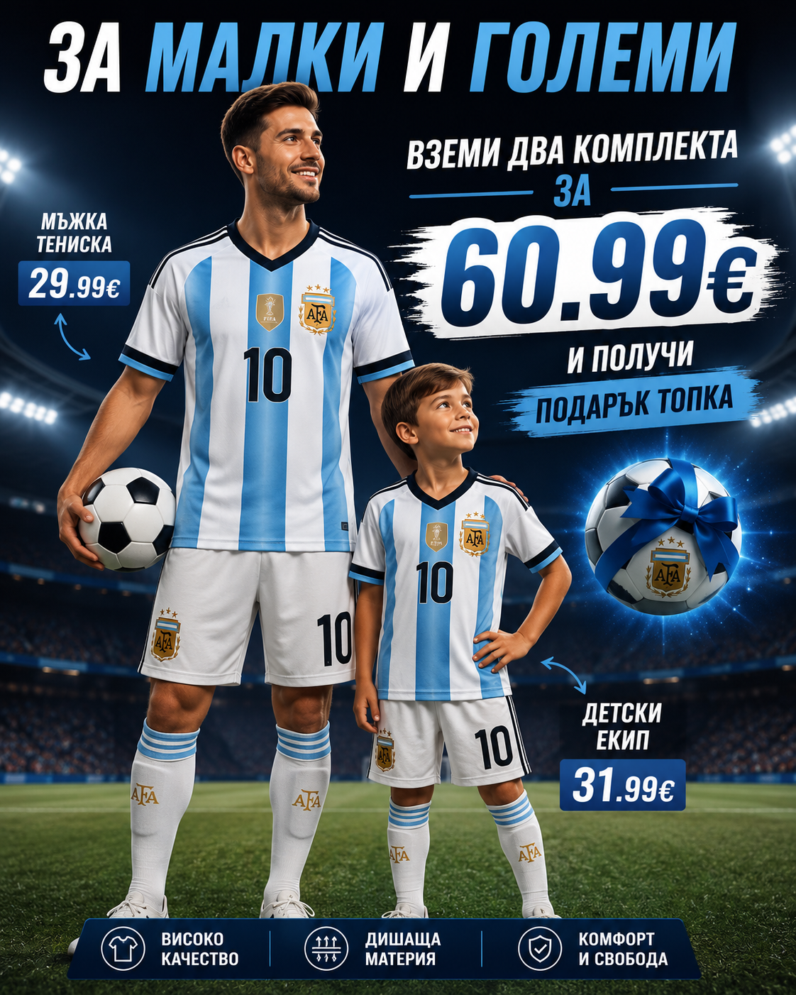 Messi 10 Сет Комплект Бял Аржентина Меси детско + мъжко Роналдо за малки и големи