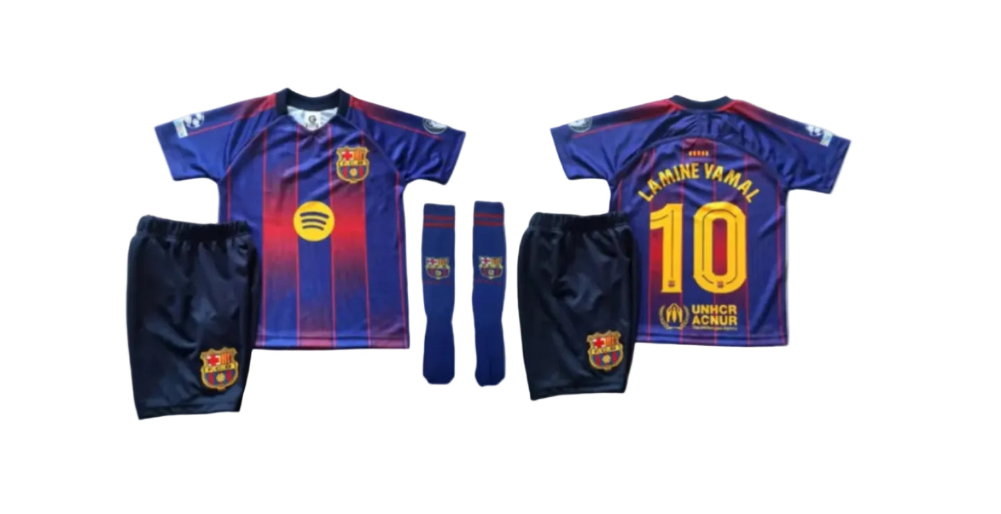 Шампионска лига 26 Детски екип на Ламин Ямал 10 Барселона с Чорапи син Lamine + Баджове