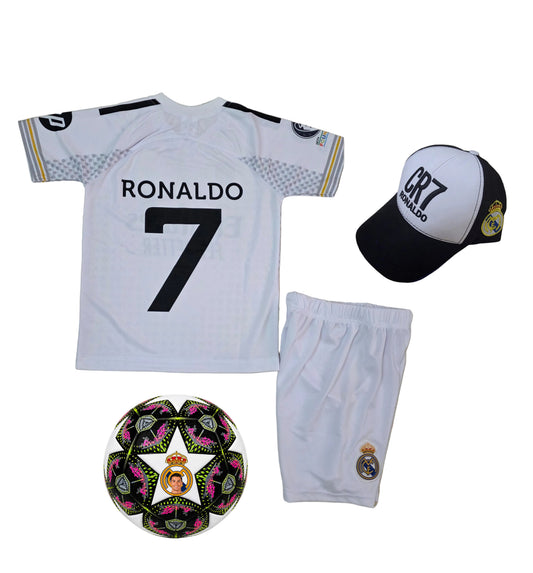 CR7 Детски Екип Роналдо, Реал Мадрид Бял + Шапка + Топка | Комплект 2026