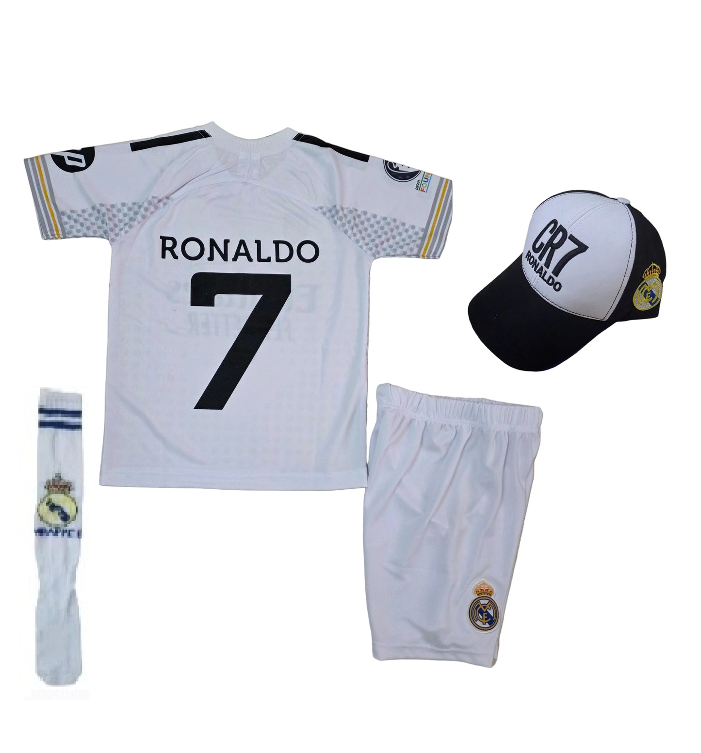 New Детски спортен екип на Роналдо 7 с шапка, футболен Бял RONALDO Real Madrid 26