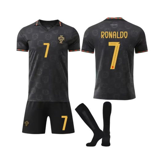 New Детски спортен екип на CR7 Роналдо 7 Световно с чорапи, ПОРТУГАЛИЯ Black