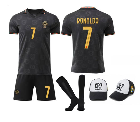 New Детски спортен екип на Роналдо 7 с шапка, футболен BLACK RONALDO PORTUGAL 26