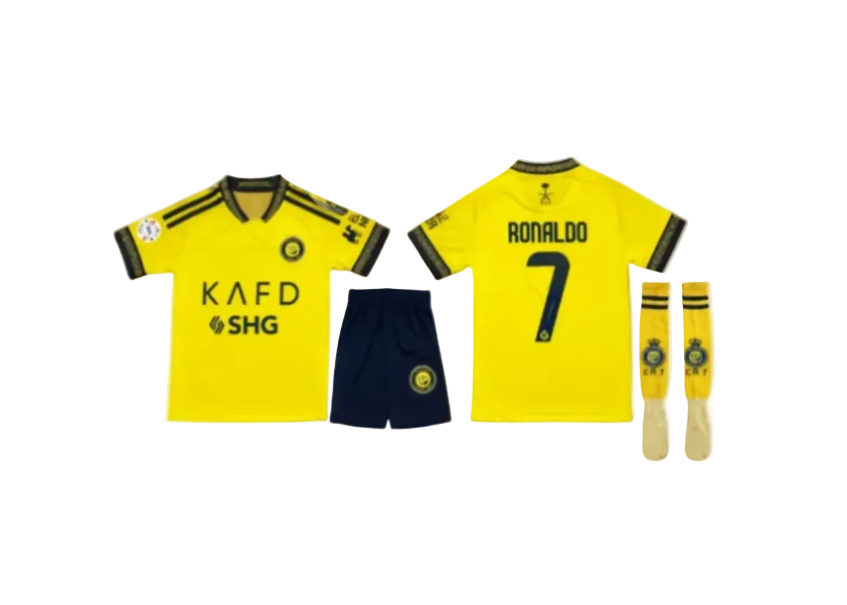 2027 CR7 Детски футболен екип на Роналдо 7, жълт с чорапи RONALDO Al Nassr Кристиано 26/27