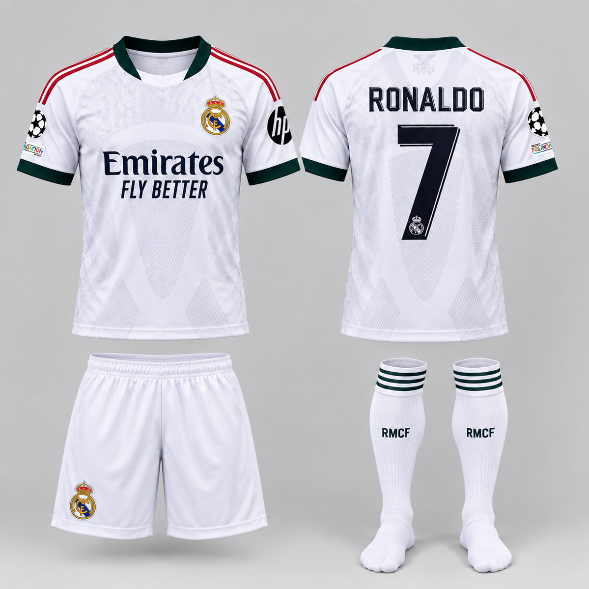 2027 Детски спортен екип Реал Мадрид Роналдо 7, Бял футболен с чорапи RONALDO