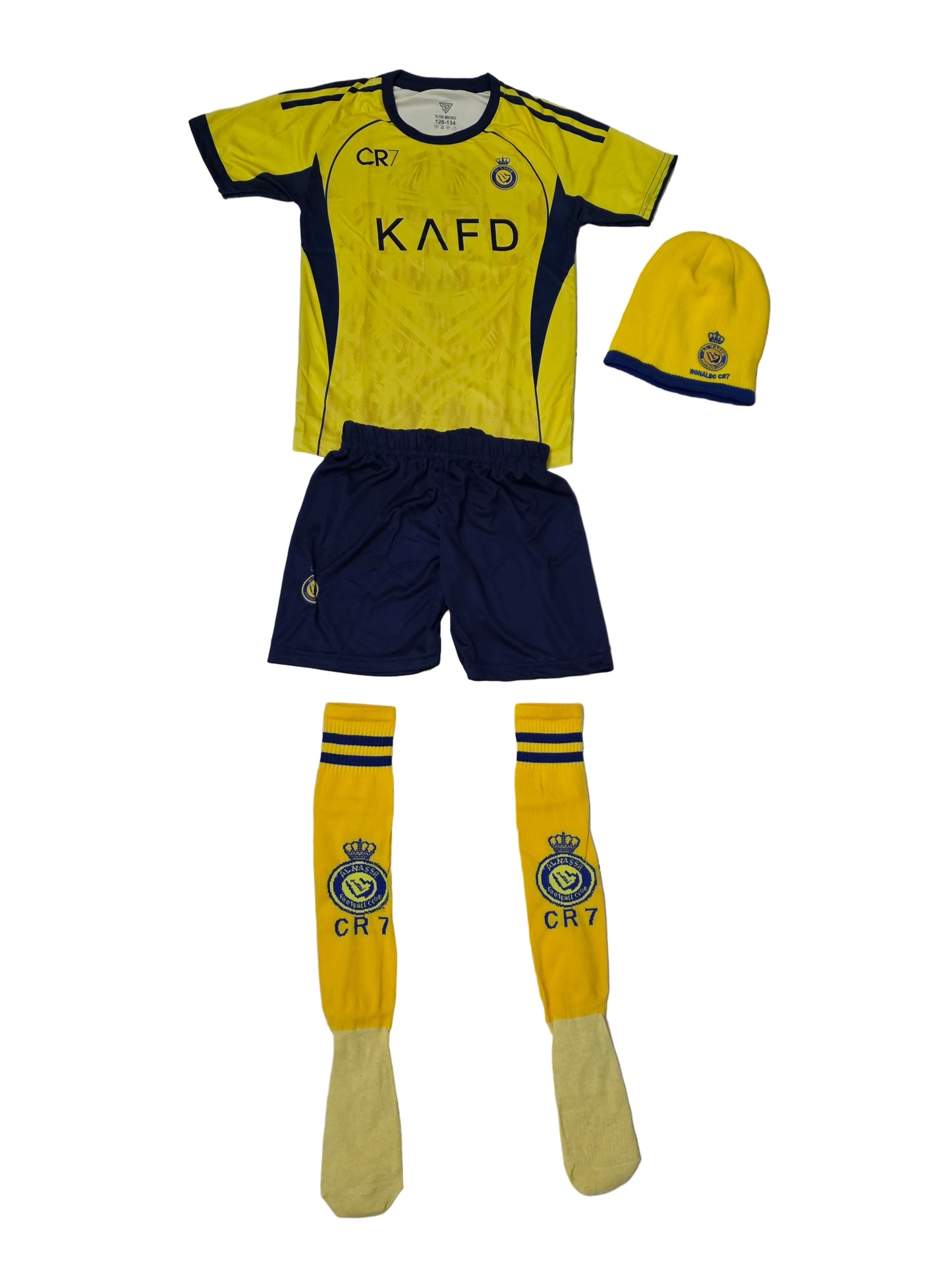 26г Детски футболен екип на Роналдо 7, жълт с чорапи + Зимна шапка Ал Насър CR7