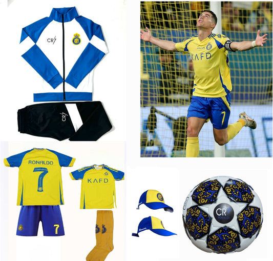 New25 CR7 Детски футболен Екип на Роналдо, за 10г. Комплект с екип, анцуг, калци, шапка, топка на Промоция