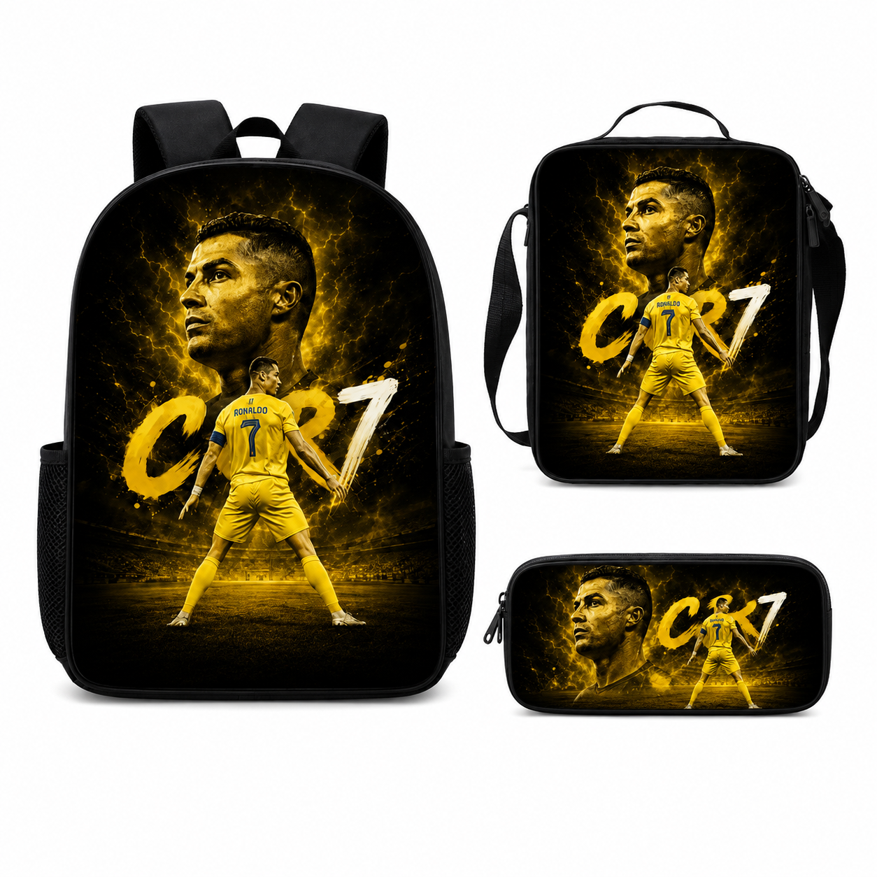 Gold Футболна Ученическа Раница RONALDO 7 СЕТ Чантичка, Несесер Златна CR7