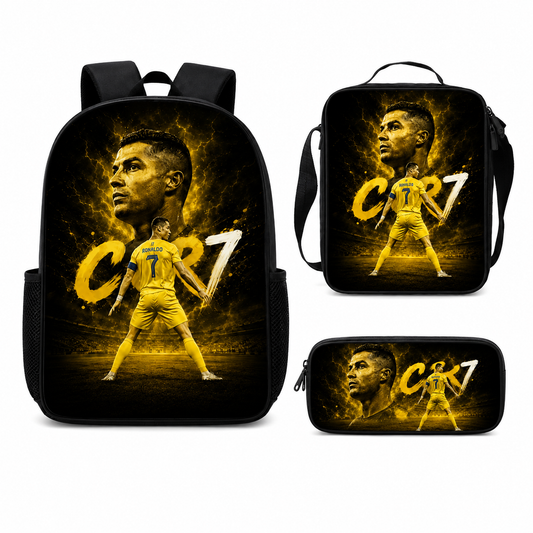 Gold Футболна Ученическа Раница RONALDO 7 СЕТ Чантичка, Несесер Златна CR7